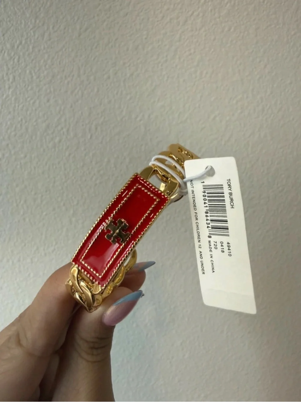 Tory Burch Gold Chain Bracelet with Red Enamel Link